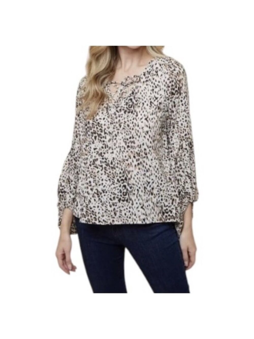 Saints & Hearts Aspen Leopard Print Puff Sleeve V-Neck Boho Chic Blouse Large